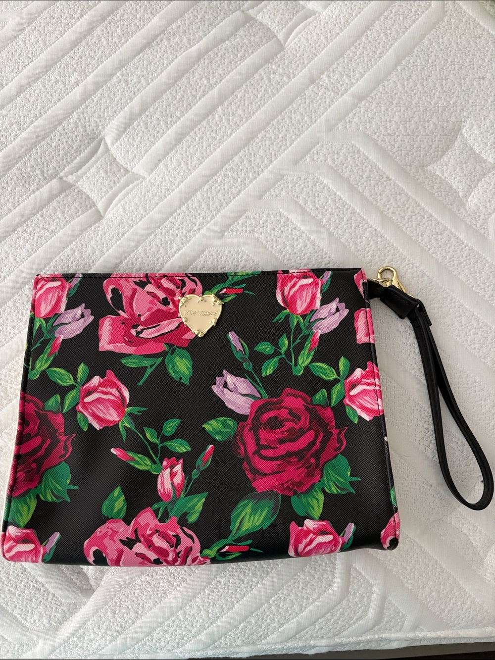 Floral Print Wristlet Clutch - Black with Pink Roses